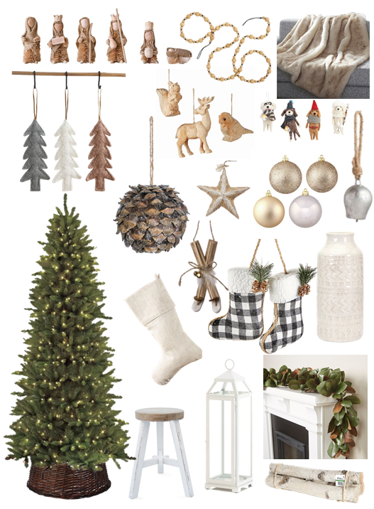 Assorted Christmas decor in natural and neutral tones and textures